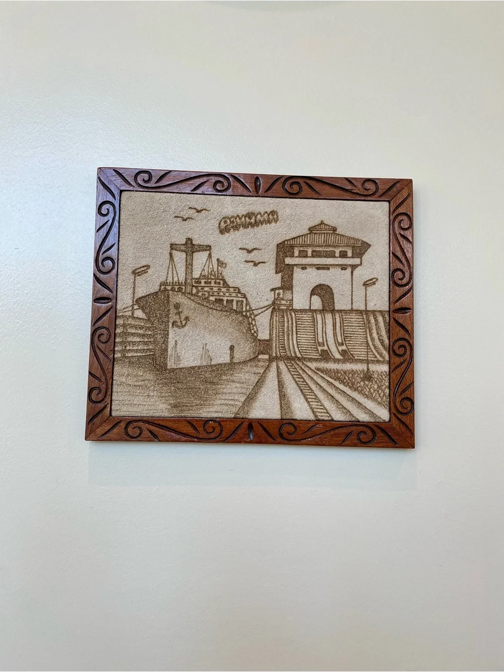 Handcrafted Pyrography 13x11Brown Wooden Framed Wall Art - Nautical Harbor Scene